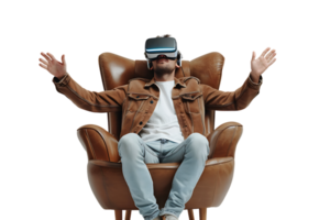 Caucasian male wearing virtual reality headset and sitting on chair on isolated transparent background png