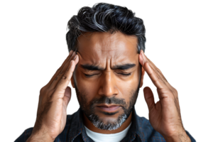 homem sofrimento a partir de dor de cabeça, pressionando dedos para templos com fechadas olhos em isolado transparente fundo png