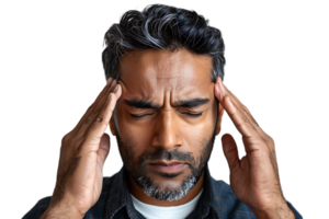 Man suffering from headache, pressing fingers to temples with closed eyes on isolated transparent background png