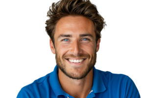 Close up portrait of young smiling handsome man in blue polo shirt on isolated transparent background png