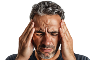 Man suffering from headache, pressing fingers to temples with closed eyes on isolated transparent background png