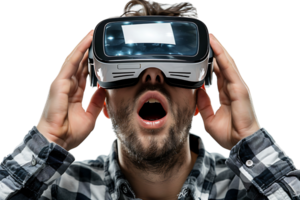 caucasiano masculino vestindo virtual realidade fone de ouvido em isolado transparente fundo png