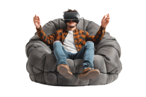 Caucasian male wearing virtual reality headset and sitting on chair on isolated transparent background png