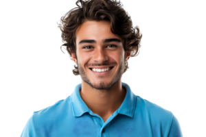 proche en haut portrait de Jeune souriant Beau homme dans bleu polo chemise sur isolé transparent Contexte png