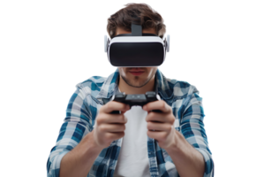 Man wearing virtual reality headset and playing game on isolated transparent background png