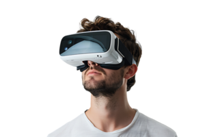 Caucasian male wearing virtual reality headset on isolated transparent background png