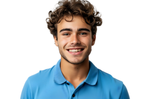 fechar acima retrato do jovem sorridente bonito homem dentro azul pólo camisa em isolado transparente fundo png