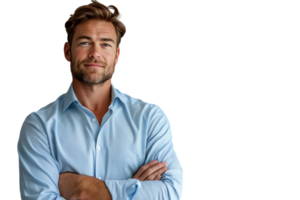 portrait of young handsome man in blue shirt on isolated transparent background png
