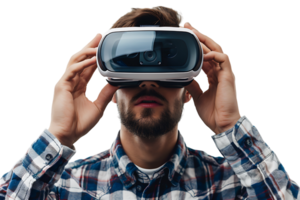 caucásico masculino vistiendo virtual realidad auriculares en aislado transparente antecedentes png