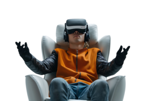 Caucasian male wearing virtual reality headset and sitting on chair on isolated transparent background png