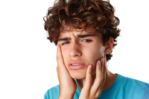 young male holding her cheek with hand, suffering from bad tooth ache on isolated transparent background png