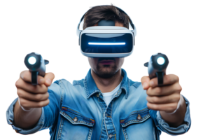 hombre vistiendo virtual realidad auriculares y jugando juego en aislado transparente antecedentes png