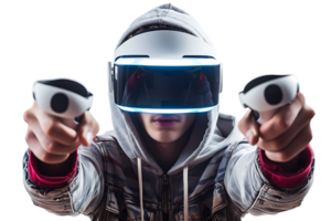 Man wearing virtual reality headset and playing game on isolated transparent background png