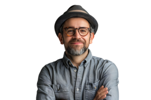 Porträt von glücklich Mann im stilvoll Brille auf isoliert transparent Hintergrund png