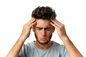 Man suffering from headache, pressing fingers to temples with closed eyes on isolated transparent background png