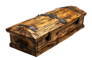 Opened wooden coffin on isolated transparent background png