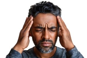 Man suffering from headache, pressing fingers to temples with closed eyes on isolated transparent background png