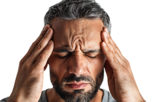 Man suffering from headache, pressing fingers to temples with closed eyes on isolated transparent background png