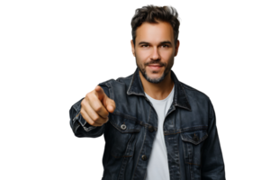 Portrait of man pointing at camera on isolated transparent background png