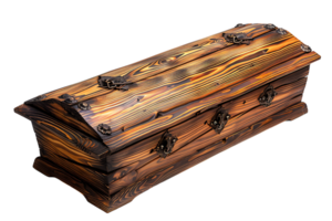 Opened wooden coffin on isolated transparent background png