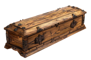 Opened wooden coffin on isolated transparent background png