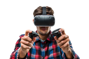 Man wearing virtual reality headset and playing game on isolated transparent background png