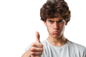 Unhappy man doing thumbs up on isolated transparent background png