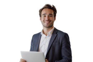 Young man standing holding laptop and looking at camera on isolated transparent background png