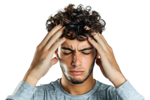 Man suffering from headache, pressing fingers to temples with closed eyes on isolated transparent background png