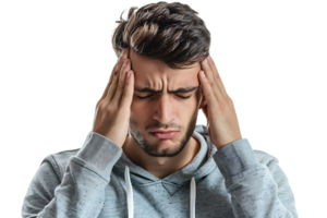 Man suffering from headache, pressing fingers to temples with closed eyes on isolated transparent background png