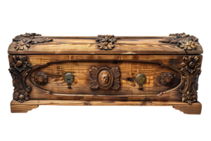 Opened wooden coffin on isolated transparent background png