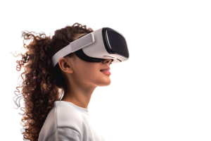 Young girl exploring vast opportunities of virtual reality with VR headset on isolated transparent background png