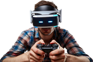 homme portant virtuel réalité casque et en jouant Jeu sur isolé transparent Contexte png