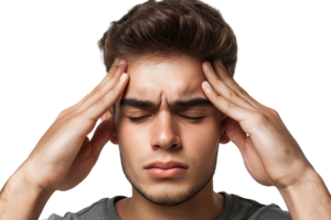 Man suffering from headache, pressing fingers to temples with closed eyes on isolated transparent background png