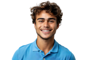 cerca arriba retrato de joven sonriente hermoso hombre en azul polo camisa en aislado transparente antecedentes png