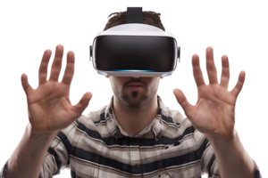 caucasien Masculin portant virtuel réalité casque sur isolé transparent Contexte png