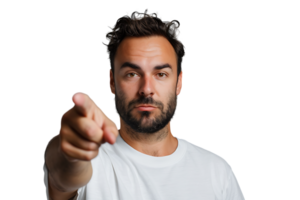 Portrait of man pointing at camera on isolated transparent background png