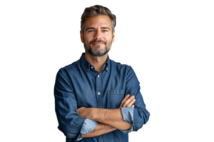 retrato de joven hermoso hombre en azul camisa en aislado transparente antecedentes png