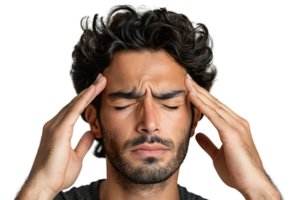 Man suffering from headache, pressing fingers to temples with closed eyes on isolated transparent background png