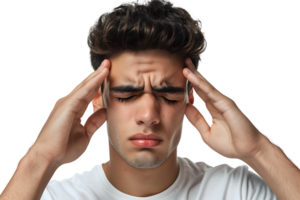 Man suffering from headache, pressing fingers to temples with closed eyes on isolated transparent background png