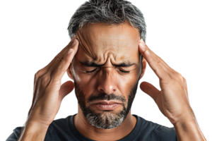 Man suffering from headache, pressing fingers to temples with closed eyes on isolated transparent background png