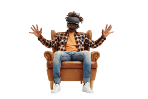 caucasian manlig bär virtuell verklighet headsetet och Sammanträde på stol på isolerat transparent bakgrund png