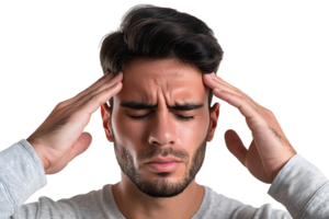 Man suffering from headache, pressing fingers to temples with closed eyes on isolated transparent background png