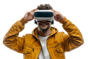 Man wearing virtual reality headset and playing game on isolated transparent background png