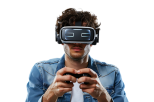 homme portant virtuel réalité casque et en jouant Jeu sur isolé transparent Contexte png