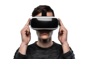 Caucasian male wearing virtual reality headset on isolated transparent background png