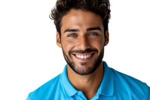 schließen oben Porträt von jung lächelnd gut aussehend Mann im Blau Polo Hemd auf isoliert transparent Hintergrund png