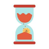 Bitcoin decline. Hourglass with a buried coin. Concept of Cryptocurrency Fall. Sand drops gold coin. Time forgot mining. Old watch. Isolated object. Color image. illustration. vector