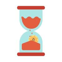 Bitcoin decline. Hourglass with a buried coin. Concept of Cryptocurrency Fall. Sand drops gold coin. Time forgot mining. Old watch. Isolated object. Color image. illustration. vector