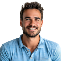 Close up portrait of young smiling handsome man in blue polo shirt on isolated transparent background png